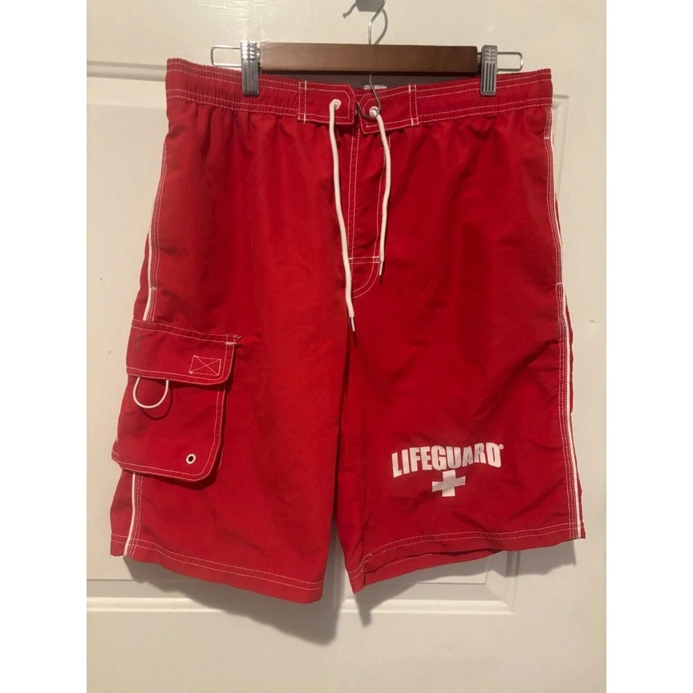 Lifeguard Swim Trunks Red White Men's Size Medium‎ Bathing Suit Summer
